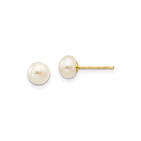 14k Yellow Gold Pearl Stud Earrings, White Round Pearls, Minimalist Design for Women