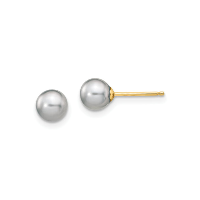 14k Yellow Gold Stud Earrings with Round White Cultured Pearls, Classic Style for Women
