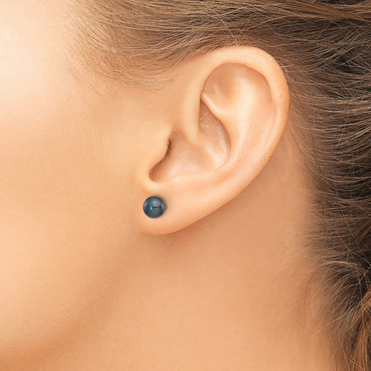 14k Yellow Gold Stud Earrings with Black Cultured Pearl, Round Button Style for Women