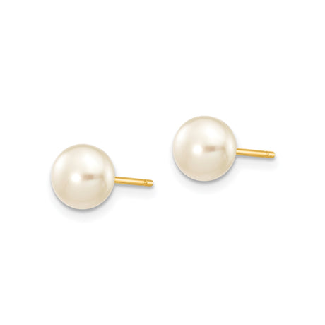 14k Yellow Gold Stud Earrings with Round Cultured White Pearls, Classic Bridal Style