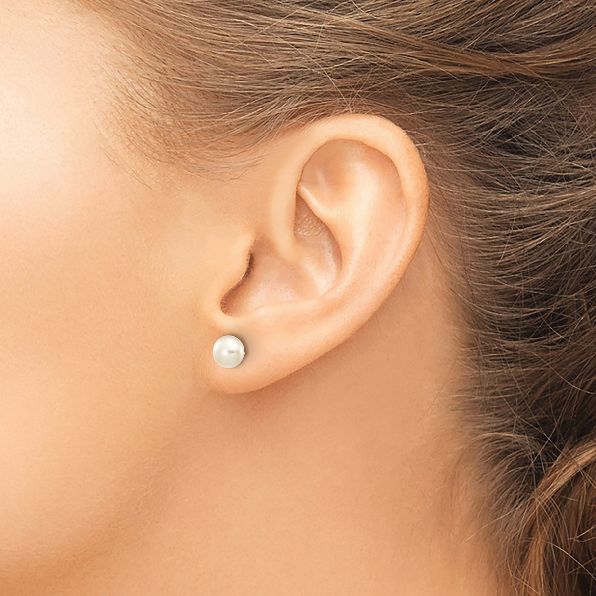 14k Yellow Gold Stud Earrings with Round Cultured White Pearls, Classic Bridal Style
