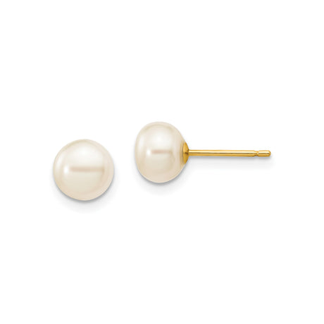 14k Yellow Gold Stud Earrings with Round Cultured White Pearls, Classic Bridal Style