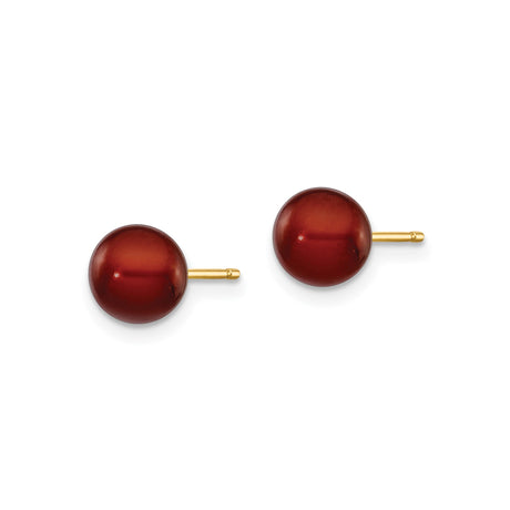 14k Yellow Gold Stud Earrings with Smooth Round Cultured Brown Pearls, Classic Minimal Style