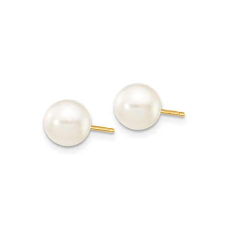 14k Yellow Gold Pearl Stud Earrings with Round Cultured White Pearls, Classic Minimalist Design