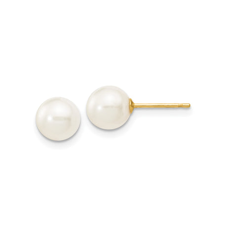 14k Yellow Gold Pearl Stud Earrings with Round White Cultured Pearls, Classic Design for Women