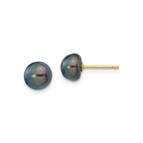 14k Yellow Gold Stud Earrings with Black Cultured Pearls, Round Button Design