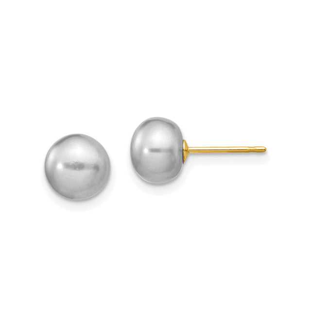 14k Yellow Gold Stud Earrings with Round White Cultured Freshwater Pearls, Classic Design