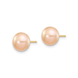 14k Yellow Gold Stud Earrings with Round Pink Cultured Freshwater Pearls, Classic Design