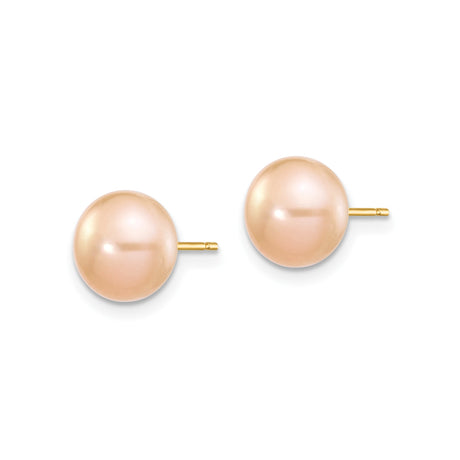 14k Yellow Gold Stud Earrings with Round Pink Cultured Freshwater Pearls, Classic Design