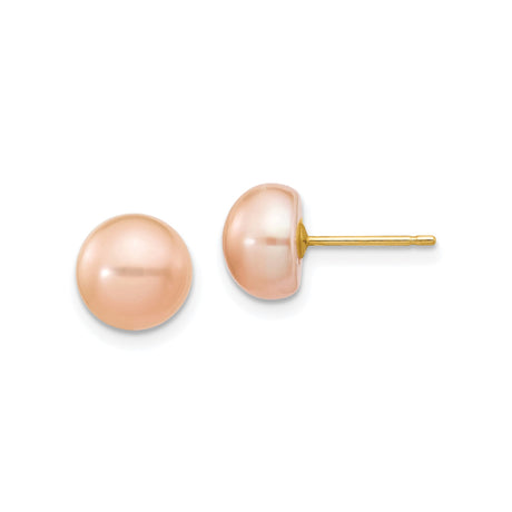 14k Yellow Gold Stud Earrings with Round Pink Cultured Freshwater Pearls, Classic Design