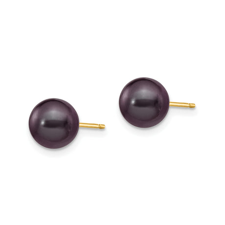 14k Yellow Gold Stud Earrings with Black Freshwater Pearls, Classic Round Design for Women