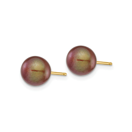 14k Yellow Gold Pearl Stud Earrings, Round Cultured Freshwater, Push-Back for Women