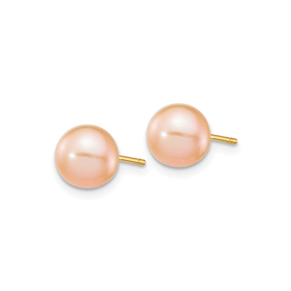 14k Yellow Gold Pearl Stud Earrings, Round Pink Freshwater Cultured Pearls for Women