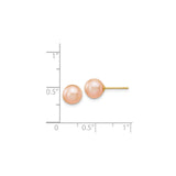 14k Yellow Gold Pearl Stud Earrings, Round Pink Freshwater Cultured Pearls for Women