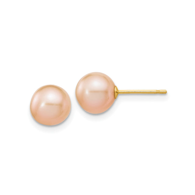 14k Yellow Gold Pearl Stud Earrings with Pink Round Freshwater Pearls, Classic Minimalist Style