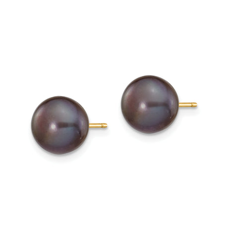 14k Yellow Gold Stud Earrings with Black Cultured Pearls, Classic Timeless Design for Women