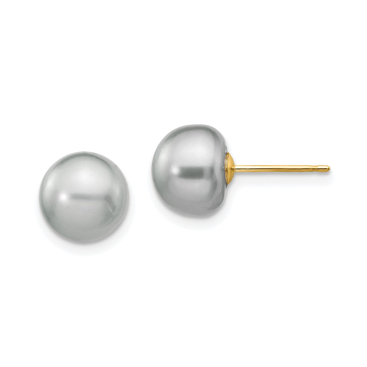 14k Yellow Gold Stud Earrings with Round Gray Cultured Pearls, Minimalist Classic Style for Women