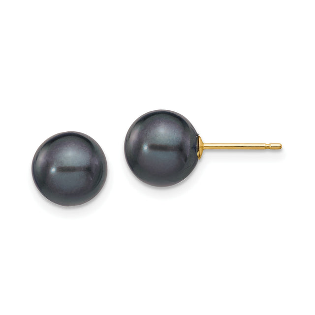 14k Yellow Gold Pearl Stud Earrings with Black Round Cultured Pearls, Classic Minimalist Design