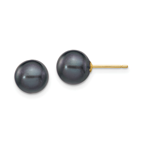 14k Yellow Gold Stud Earrings with Black Cultured Pearls, Minimal Classic Design for Women