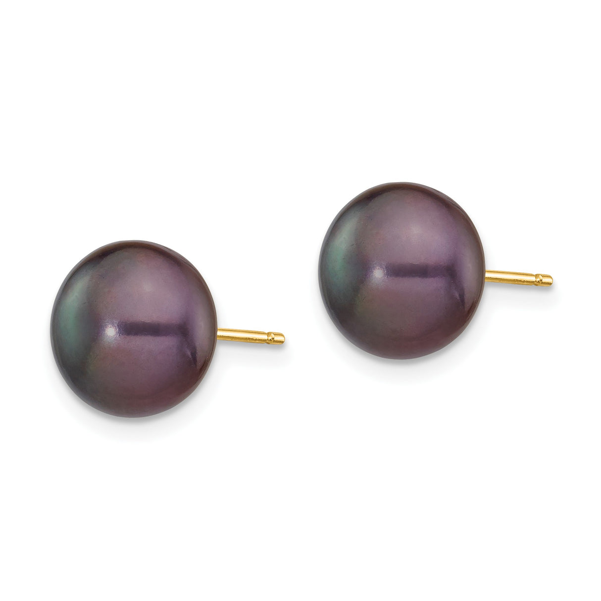 14k Yellow Gold Stud Earrings with Black Cultured Pearls, Round Iridescent Design for Women