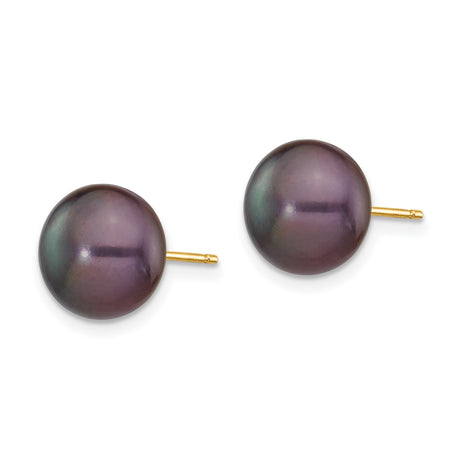 14k Yellow Gold Stud Earrings with Black Cultured Pearls, Round Iridescent Design for Women
