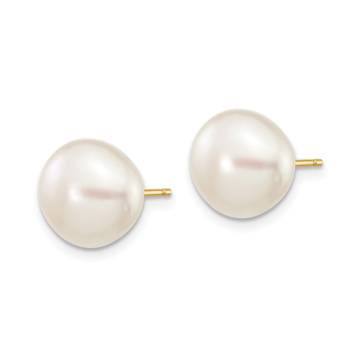 14k Yellow Gold Stud Earrings with White Freshwater Cultured Pearls, Classic Design for Women