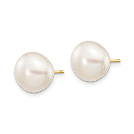 14k Yellow Gold Stud Earrings with White Freshwater Cultured Pearls, Classic Design for Women