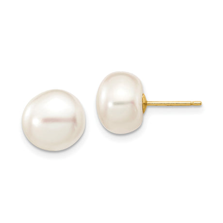 14k Yellow Gold Stud Earrings with White Freshwater Cultured Pearls, Classic Design for Women
