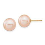 14k Yellow Gold Stud Earrings with Round Pink Cultured Pearls, Minimalist Design for Women