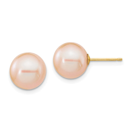14k Yellow Gold Stud Earrings with Round Pink Cultured Pearls, Minimalist Design for Women