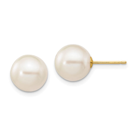 14k Yellow Gold Pearl Stud Earrings with Round White Cultured Pearls, Classic Design for Women
