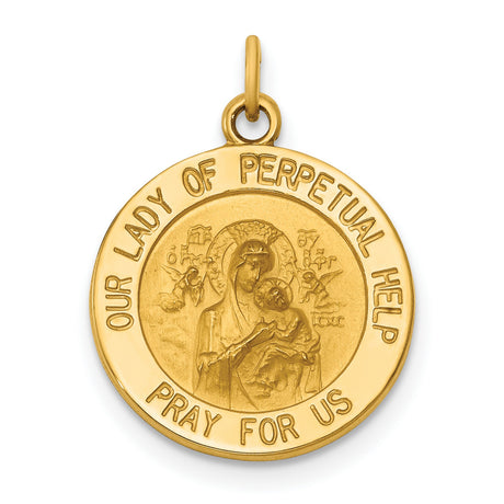 Our Lady of Perpetual Help Pray For Us Words Round Charm Pendant in Real 14k Yellow Gold