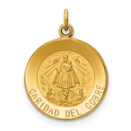 Solid Caridad Del Cobre Words Round Charm Pendant in Real 14k Yellow Gold