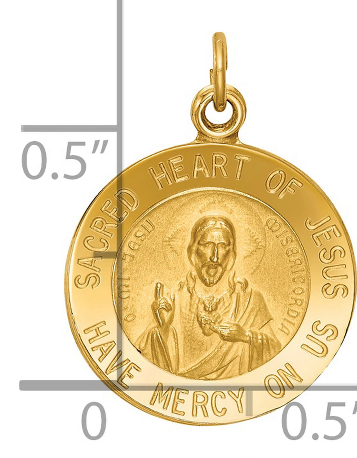 Solid Sacred Heart of Jesus Have Mercy Us Words Medal Charm Pendant in Real 14k Yellow Gold