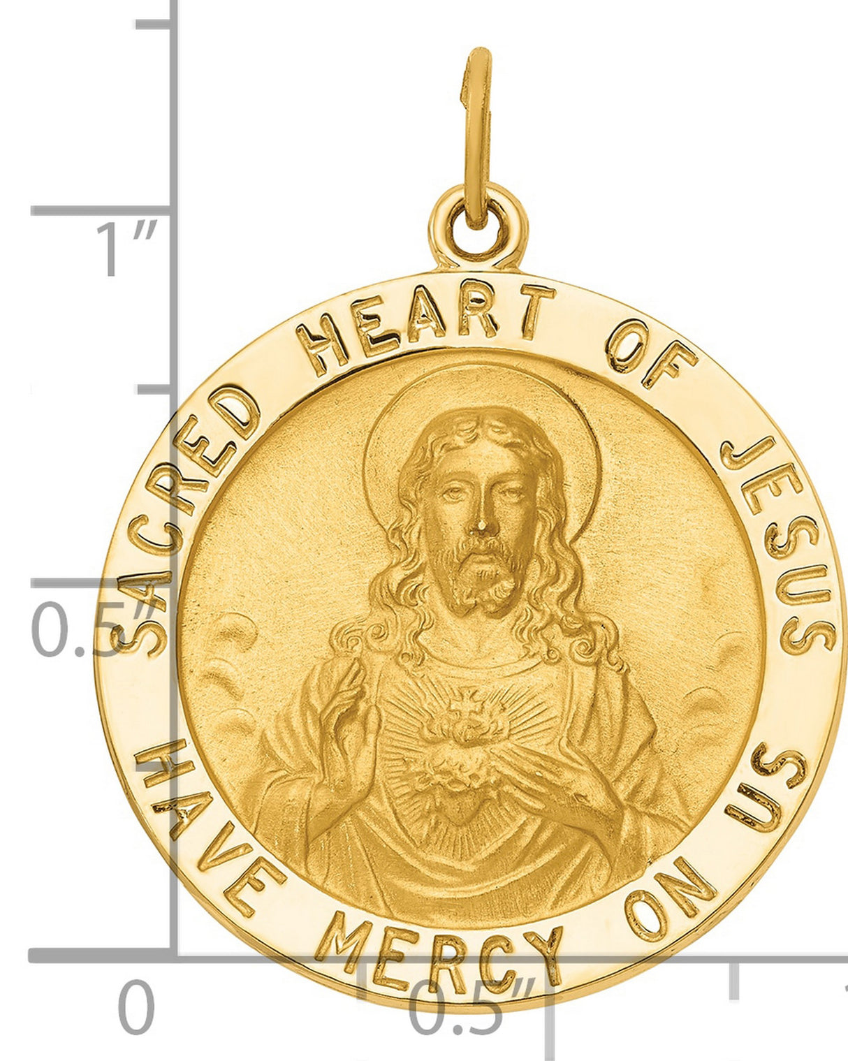 Large Solid Sacred Heart of Jesus Have Mercy Us Words Medal Charm Pendant in Real 14k Yellow Gold