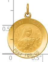 Saint Theresa Pray For Us Words Round Medal Charm Pendant in Real 14k Yellow Gold