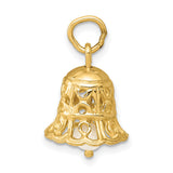 14k Yellow Gold Bell Charm Pendant with Pearl, Openwork Christian-Inspired Design for Women