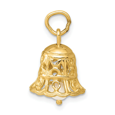14k Yellow Gold Bell Charm Pendant with Pearl, Openwork Christian-Inspired Design for Women