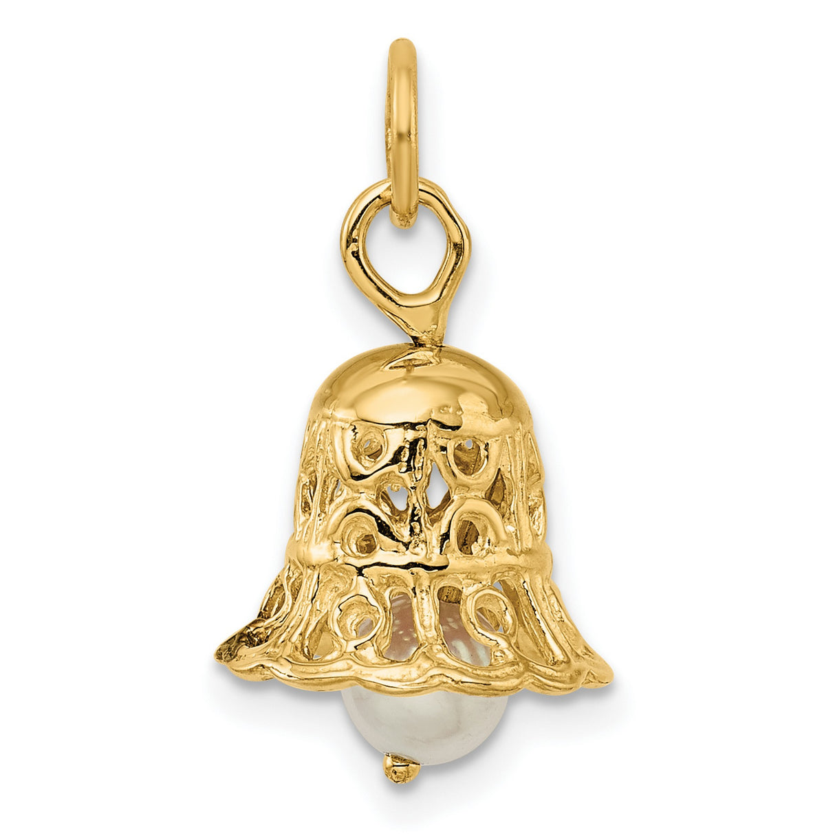 14k Yellow Gold Bell Charm Pendant with Pearl, Openwork Christian-Inspired Design for Women