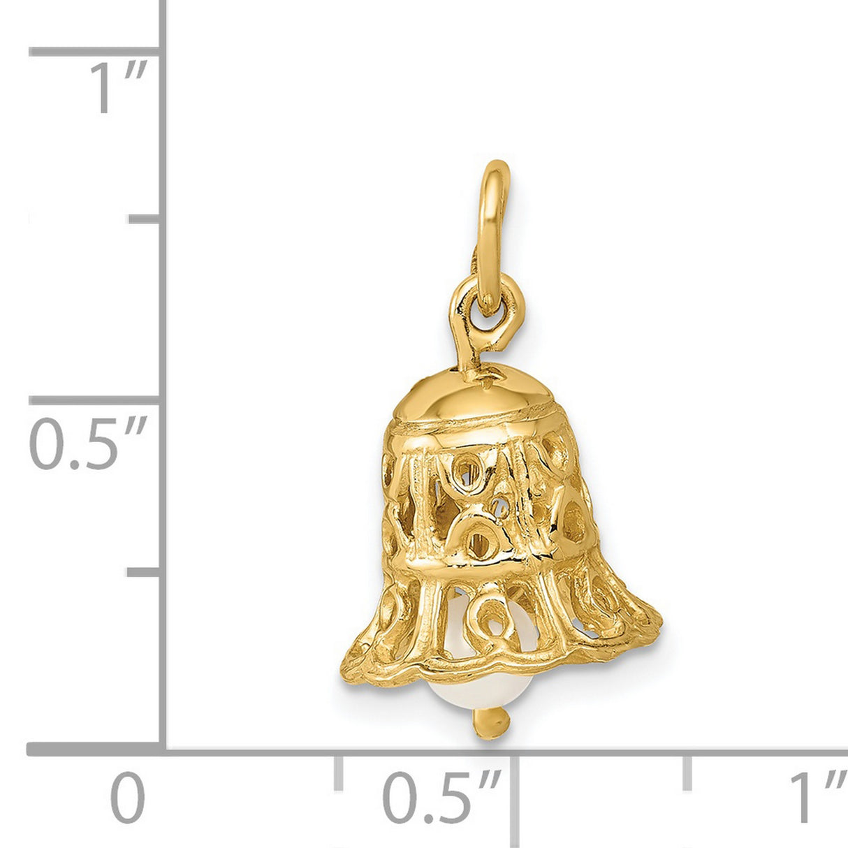 14k Yellow Gold Bell Charm Pendant with Pearl, Openwork Christian-Inspired Design for Women