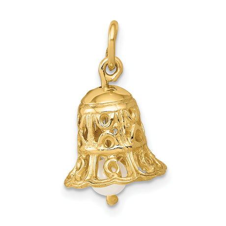14k Yellow Gold Bell Charm Pendant with Pearl, Openwork Christian-Inspired Design for Women