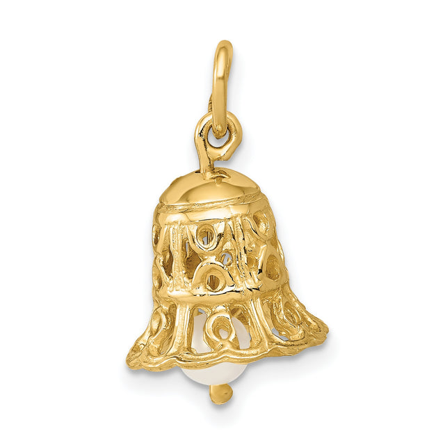 14k Yellow Gold Bell Charm Pendant with Pearl, Openwork Christian-Inspired Design for Women