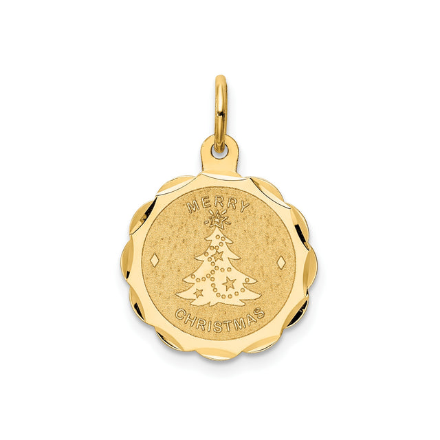 14k Yellow Gold Christmas Tree Pendant with Merry Christmas Engraving and Star Design