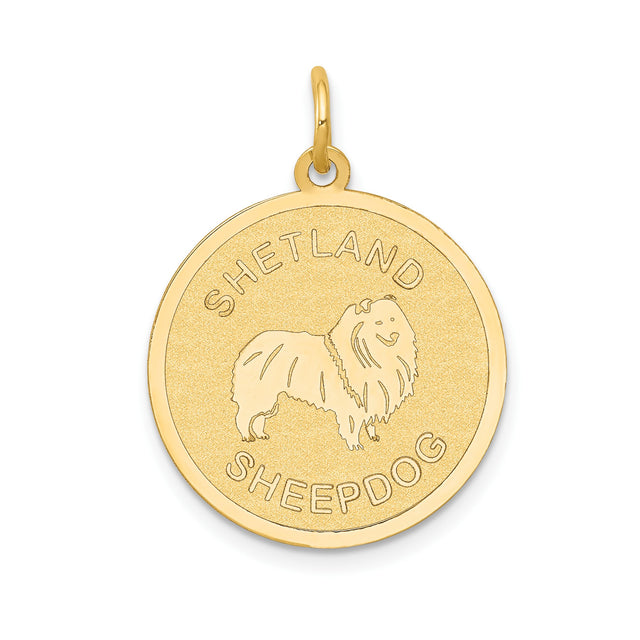 14k Yellow Gold Shetland Sheepdog Pendant with Sheltie Image and Breed Name