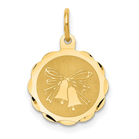 14k Yellow Gold Pendant with Wedding Bells and Ribbon, Romantic Bridal Charm
