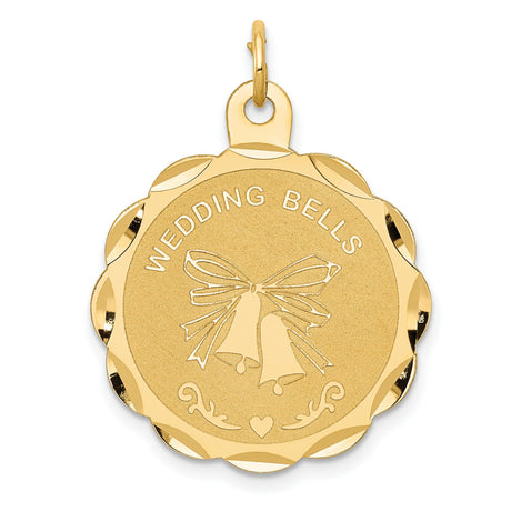 14k Yellow Gold Pendant with Wedding Bells and Bow, Romantic Bridal Charm