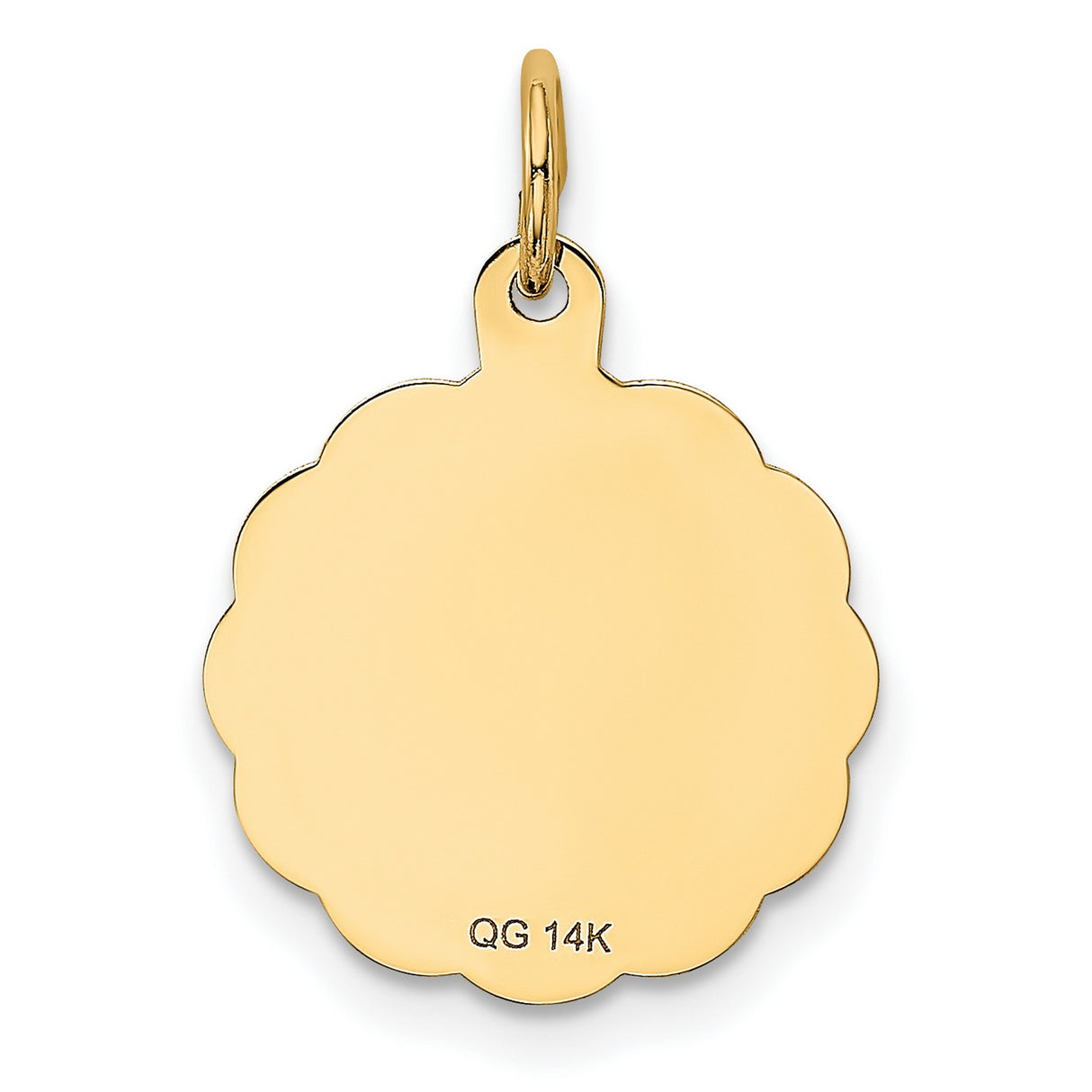 14k Yellow Gold Pendant with Two Doves and Hearts, Scalloped Edge Disc