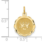 14k Yellow Gold Pendant with Two Doves and Hearts, Scalloped Edge Disc