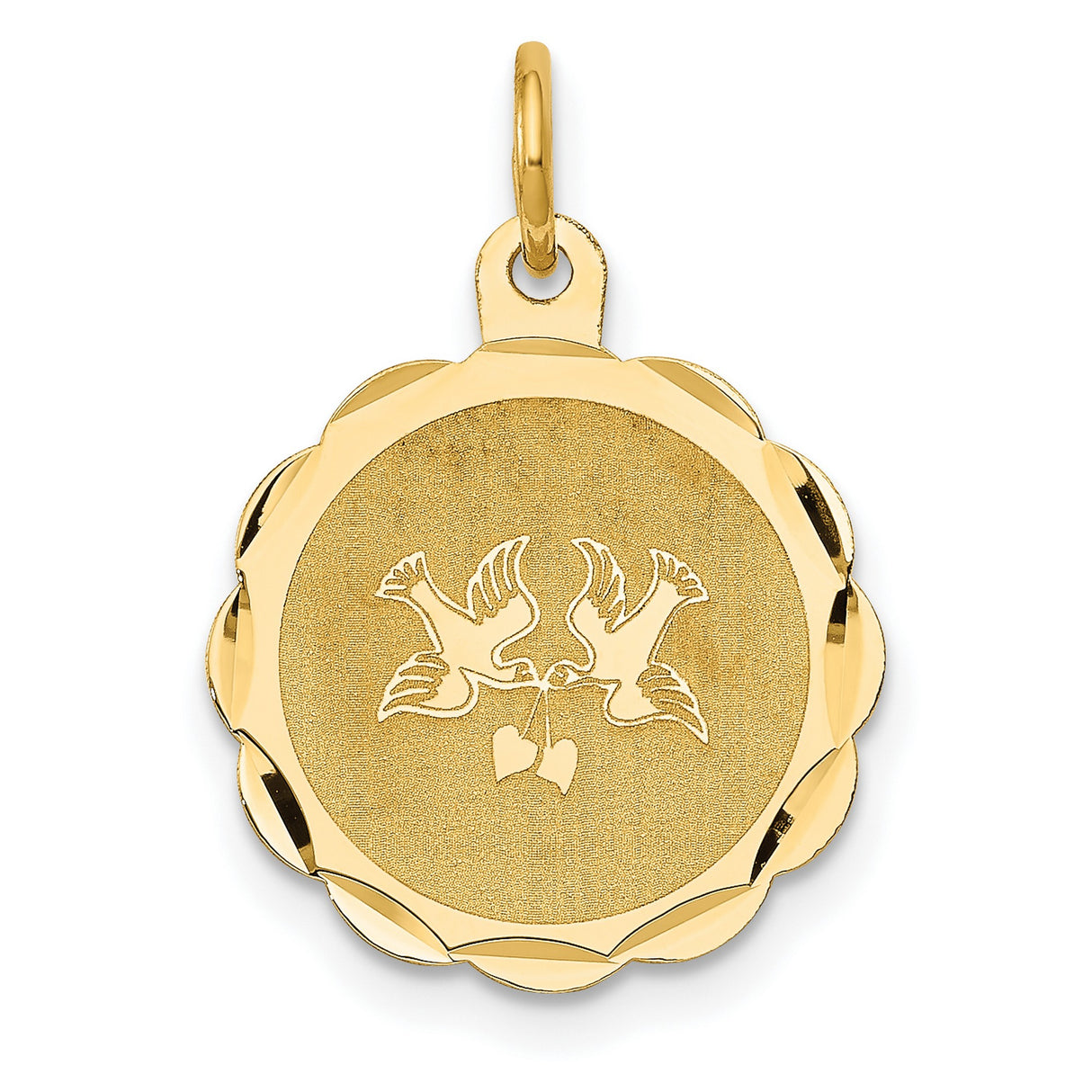 14k Yellow Gold Pendant with Two Doves and Hearts, Scalloped Edge Disc