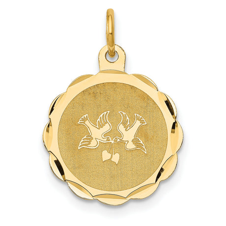 14k Yellow Gold Pendant with Two Doves and Hearts, Scalloped Edge Disc
